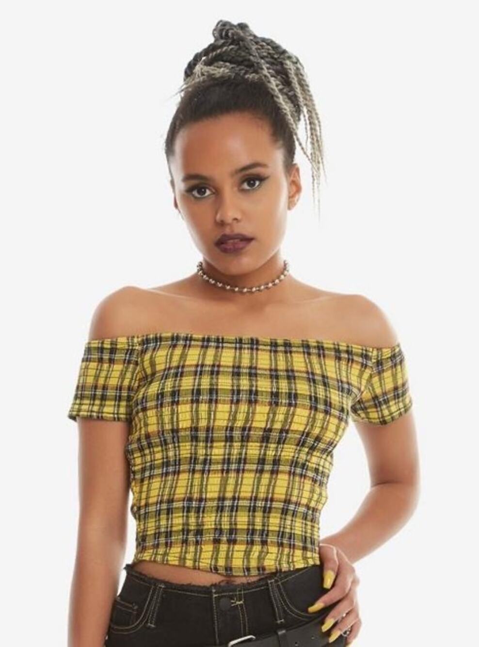 Hot Topic Crinkled Smocked Off Shoulder Crop Top Clueless Yellow Black Plaid L